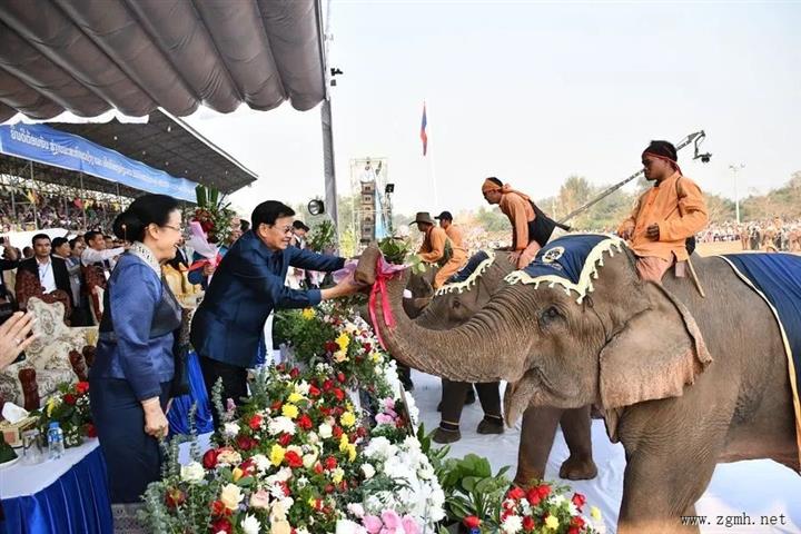 老挝主席通伦携夫人参加沙耶武里大象节开幕式，现场人山人海，十分壮观！